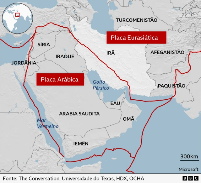 Mapa do Oriente Médio que mostra as placas Arábica e Eurasiática