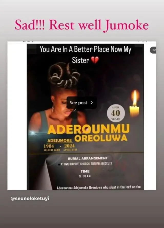 Nollywood actress Funke Akindele react to di death of Jumoke Aderounmu