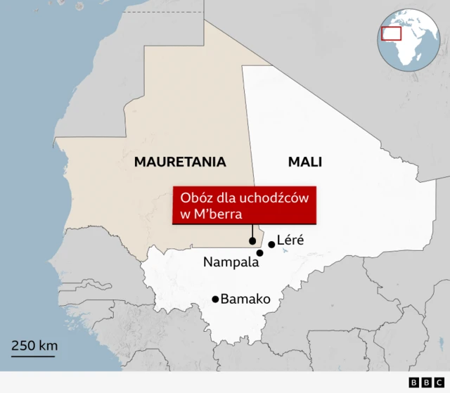 Mapa Mali, na której zaznaczono również lokalizację obozu dla uchodźców M'berra w Mauretanii.