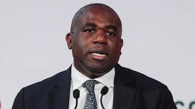 David Lammy arimo kuvuga ari imbere y'ahantu h'umweru, yambaye ishati y'umweru, ikoti ryijimye na karuvati iriho indabo. 