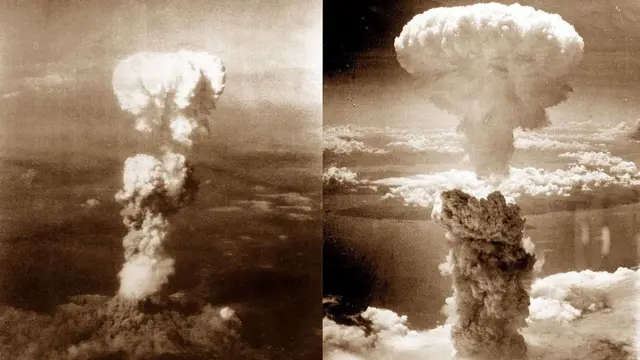 İkinci Dünya Savaşı sırasında ABD, Japonya'nın Hiroşima (sol) ve Nagazaki (sağ) şehirlerine nükleer bomba atma anı.