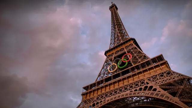 The Eiffel Tower seen from below with Olympics rings on it