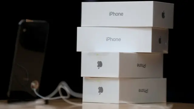 Boxes of the new iPhone X sit on a table at an Apple Store on November 3, 2017 in Palo Alto, California