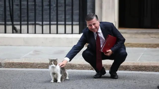 Mężczyzna w garniturze i czerwonym krawacie kuca i pochyla się, by pogłaskać kota Larry'ego. W drugiej ręce trzyma czerwoną teczkę na dokumenty.