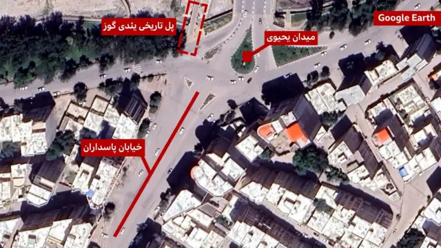 موقعیت مکانی جایی که خودروهای نیروهای امنیتی قصد داشتند معترضان را زیر بگیرند 