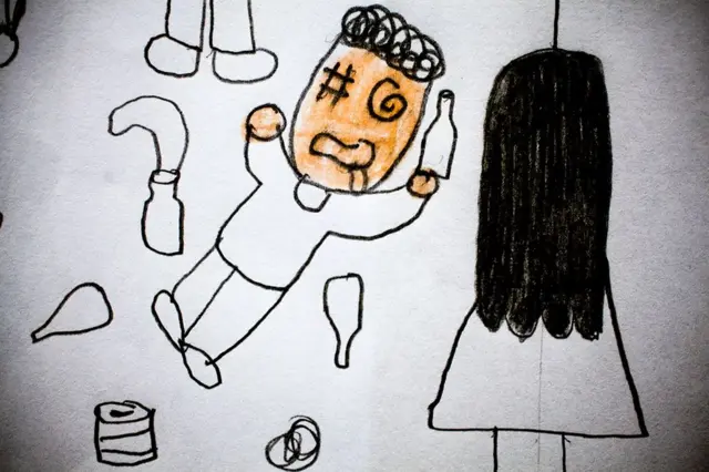 Uno de los dibujos de los niños del Centro Educativo Dr. Bloem en Sacoj Mixco y la escuela oficial del asentamiento La Paz en Villa Nueva de Guatemala sobre violencia.