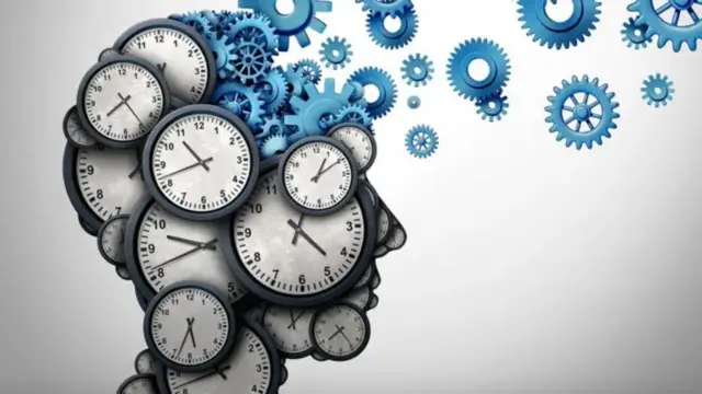 Ilustración de una cabeza con relojes y engranajes sobresaliendo