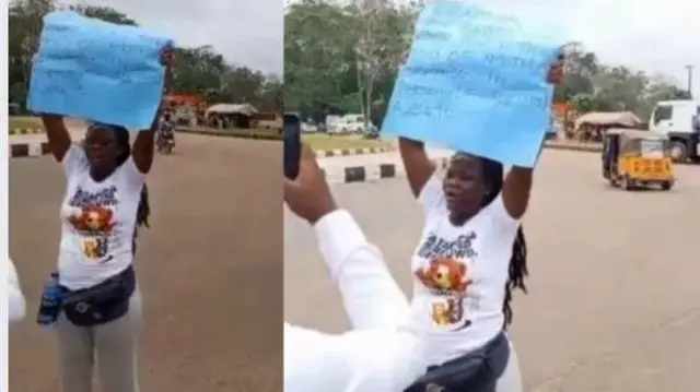 Iyawo Victor Temitope Akinsipe to ni oyun sinu, duro soju popo, o wọ asọ bilaosi funfun ati sokoto alawọ miliki, o gbe paali ikede kan soke pẹlu ọwọ rẹ mejeeji eyi to fi n bẹbẹ pe ki wọn ba oun wa ọkọ oun. Kẹkẹ Maruwa kan n kọja loju popo lẹyin rẹ, ti ọkunrin kan to wọ asọ funfun si n ya aworan rẹ.