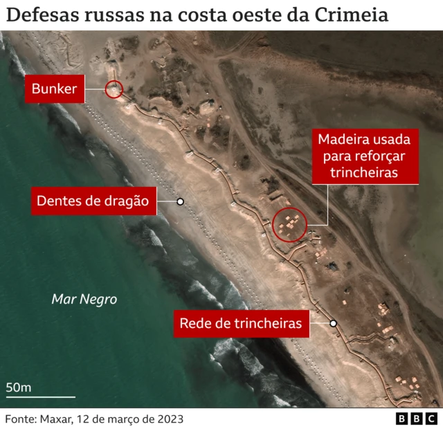 Imagem mostra defesas russas na costa oeste da Crimeia