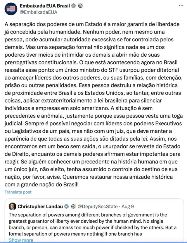 Print de post da Embaixada dos EUA no Brasil no X
