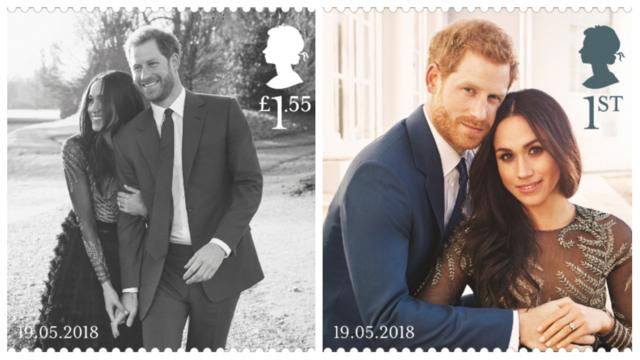 Image shows a pair of stamps featuring Meghan Markle and Prince Harry in different poses.