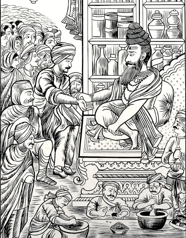 Dibujo de Súsruta y una larga cola de gente esperando para consultarlo.