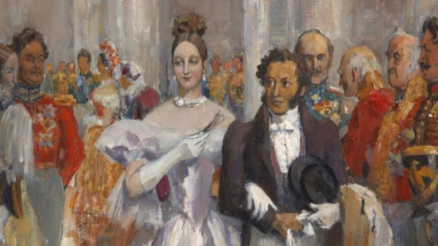 Peinture d'Alexandre Pouchkine avec sa femme au bal. Trouvé dans la collection du Musée littéraire central d'État, Moscou. Artiste Oulianov, Nikolaï Pavlovitch (1875-1949).