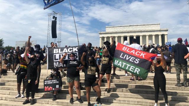 Black Lives Matter protesters stand near the Lincoln Memorial on 28 August, 2020
