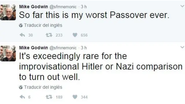 "Hasta la fecha, estas están siendo mis peores Pascuas", tuiteó Godwin, quien recordó en otro posteo: "Es extremadamente raro que la improvisada comparación con Hitler o los nazis resulte bien".