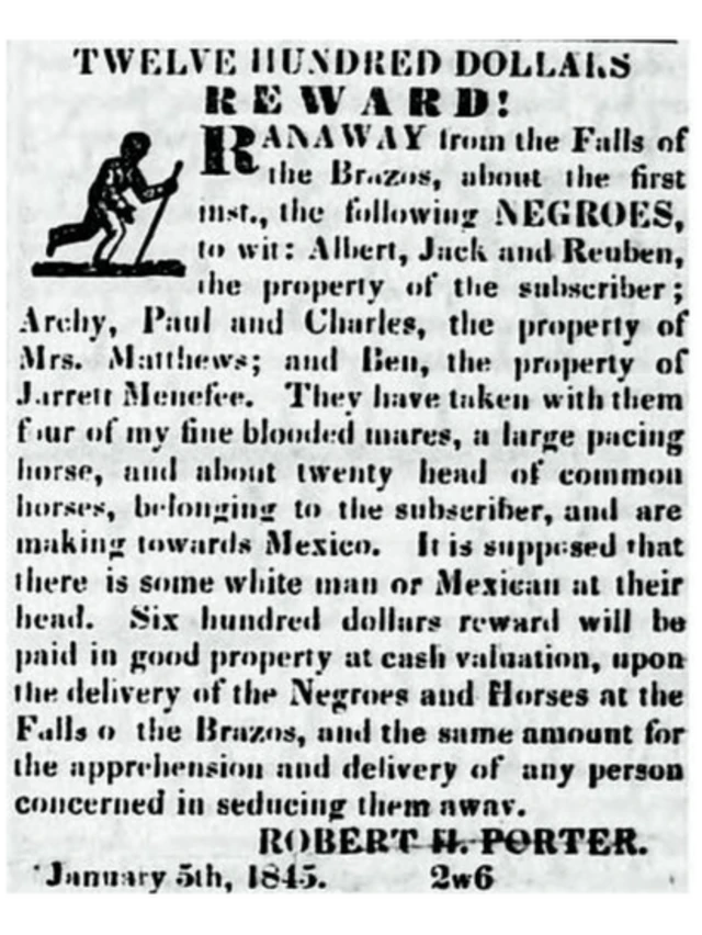 Aviso de prensa ofreciendo recompensa por la devolución de unos esclavos fugados.