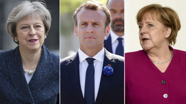 Theresa May, Emmanuel Macron y Angela Merkel