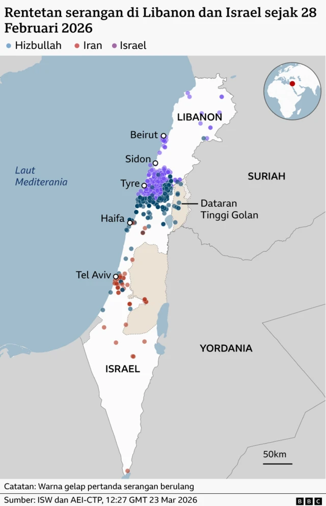 Peta serangan Israel ke Libanon pada 2026