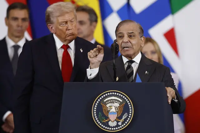 رییس‌جمهور ایالات متحده، دونالد ترامپ (در مرکز)، به سخنان شهباز شریف، نخست‌وزیر پاکستان (در سمت راست) گوش می‌دهد که او در جریان نشست مربوط به غزه در شرم‌الشیخ، در تاریخ ۱۳ اکتبر ۲۰۲۵، بیانیه‌ای را ارائه می‌کند. 