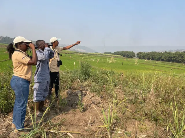 Umugore wambaye ingofero y'umweru n'umupira wa khaki wanditseho amagambo y'impine RWCA ku rutugu, ahagararanye n'abagabo babiri. Uwo mugore n'umugabo umwe barimo kurebesha indebeshakure zabo, mu gihe undi mugabo wambaye ingofero y'umweru abatungiye urutoki hakurya mu gishanga cya Rugezi, indebeshakure ye iri mu gatuza ireba hasi ifashwe n'umushumi wayo uri mu ijosi. 