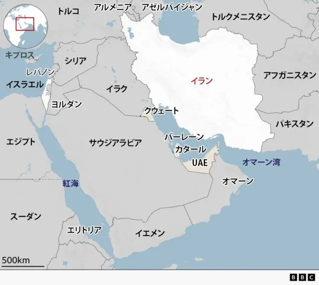 イランと周辺国の地図