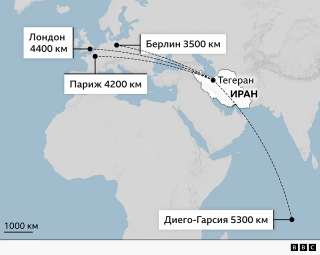 карта , показывающая расстояние между Тегераном и европейскими столицами по сравнению с расстоянием до Диего-Гарсии
