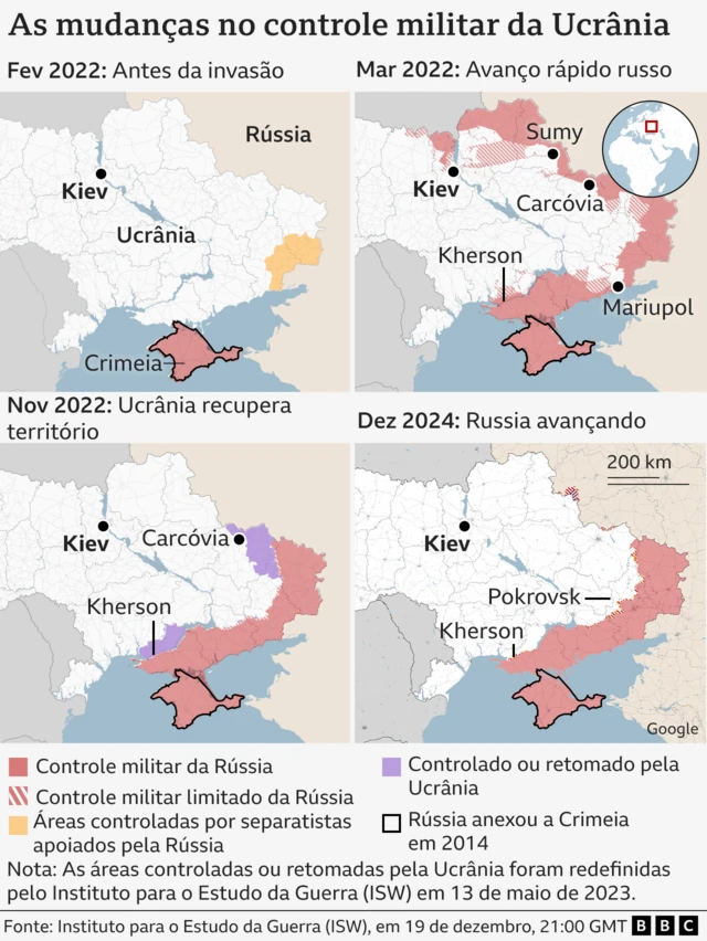 Quatro mapas diferentes que mostram como o controle militar da Ucrânia mudou. Ele mostra o avanço maciço da Rússia7games click apkmarço7games click apk2022 e também as áreas mantidas ou recuperadas pela Ucrânia posteriormente.