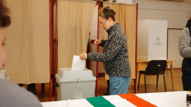 Una votante con un jersey de estampado de leopardo emite su voto en un colegio electoral en Hungría.