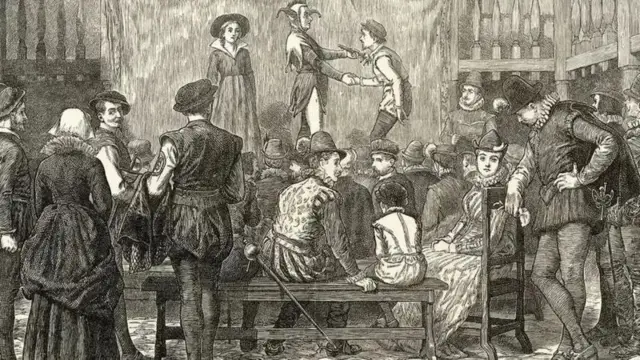 طرحی از یک تئاتر ، مردم نشسته‌اند و به نمایش نگاه می‌کنند