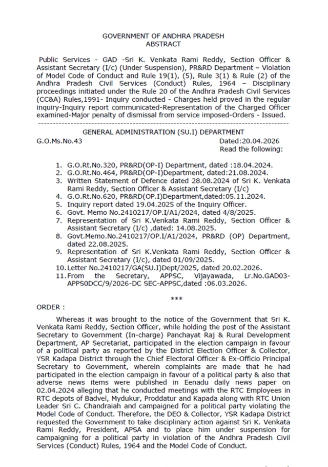 ఆంధ్రప్రదేశ్ ప్రభుత్వం, కె. వెంకటరామిరెడ్డి, డిస్మిస్