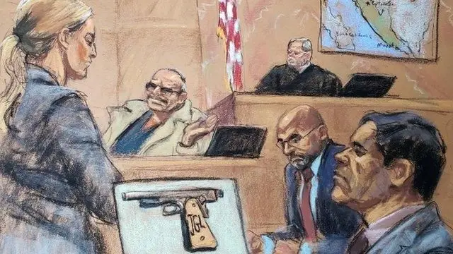 Ilustración de El Chapo en su juicio en Nueva York