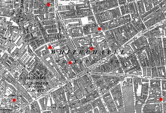 Карта с местами, где Потрошитель совершил убийства