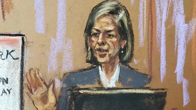 Рисунок из зала суда, женщина дает показания