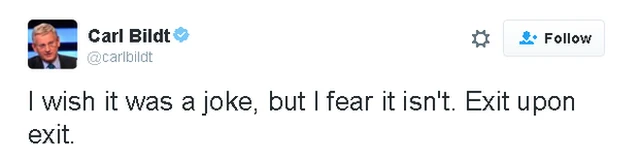 "Твиттер": Карл Билдт - "хотелось бы верить в то, что новость о назначении Джонсона - лишь шутка"