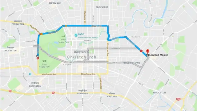 अल नूर मस्जिद और लिनवुड मस्जिद के बीच की दूरी