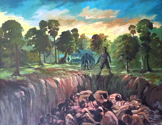 Dibujo de sobrevivientes con soldados al lado de una fosa común abierta.