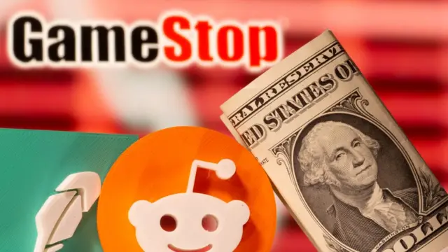 Montaje con los logos de GameStop y Reddit y dólares
