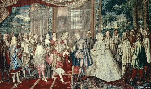Meeting of Philip IV of Spain and Louis XIV of France at Pheasant Island, June 6, 1660, 17th century French tapestry by Jean Mozin's workshop, manufacture of Gobelins, 1665-80, from the series Story of the King