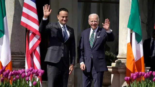 US President Joe Biden is welcomed by Taoiseach Leo Varadkar at Farmleigh House, Dublin, on day three of his visit to the island of Ireland. Picture date: Thursday April 13, 2023