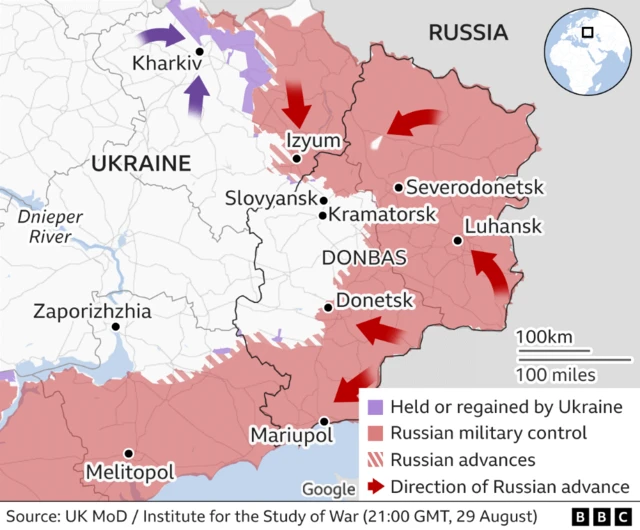 A map of Russian control in the east