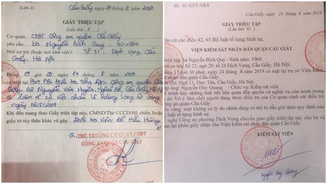 Trong cùng ngày thứ Bảy 24/8 bà Nguyễn Bích Quy bị mời triệu tập hai lần để lên làm việc luôn trong ngày