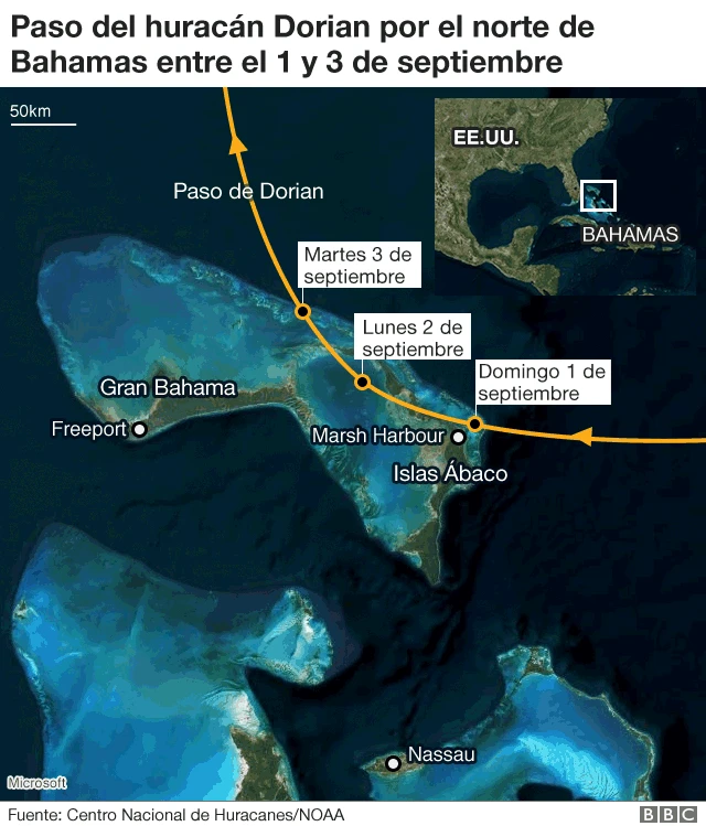 Paso del huracán Dorian sobre Bahamas.
