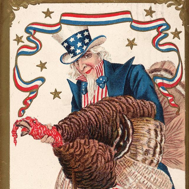 Postal de Thanksgiving con Uncle Tom ahorcando a un pavo