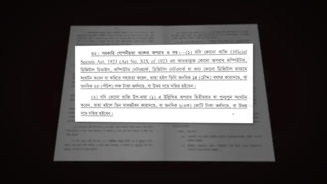 ডিজিটাল নিরাপত্তা আইনের ৩২ ধারা। যেখানে ১৯২৩ সালের অফিসিয়াল সিক্রেটস অ্যাক্ট অন্তর্ভূক্ত হয়েছে।