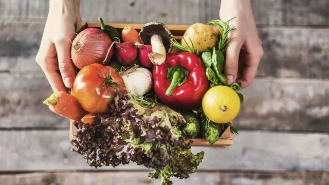 Pessoa segurando legumes, verduras, frutas e cogumelos