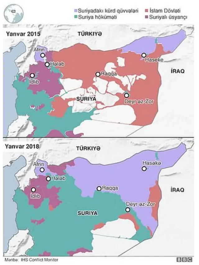 Suriyanın şimalında ərazilərə nəzarət edən qüvvələrin yerləşməsi