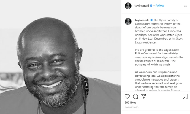 Toyin Saraki confam di death of im elder brother