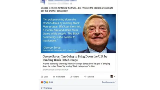 Tin vịt về ông Soros được chia sẻ trên Facebook