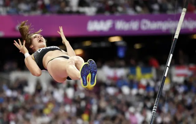 Anicka Newell of Canada reacts during the Women's Pole Vault Final at the World Athletics Championships in London on 6 August 2017.