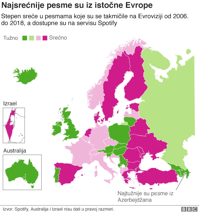 Tabela koja pokazuje da su najsrećnije pesme iz istočne Evrope